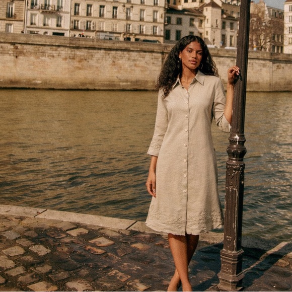 SilkLand Dresses & Skirts - Silk Linen Blend Dress with Embroidery